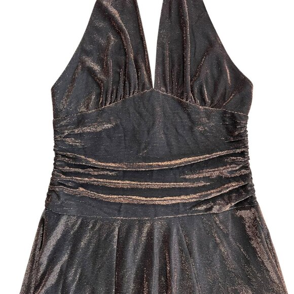 Vintage Y2K Metallic Halter Ruched Mini Dress Bronze Large Glam Party Holiday - Picture 3 of 8